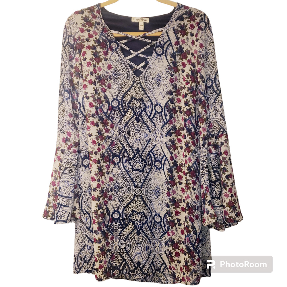 Speechless Floral Lattice Tunic Dress w Peasant Bell-Sleeves | Small - Picture 2 of 11